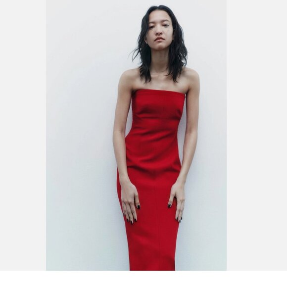 Zara strapless midi dress with a slit Bright Red - Picture 3 of 8